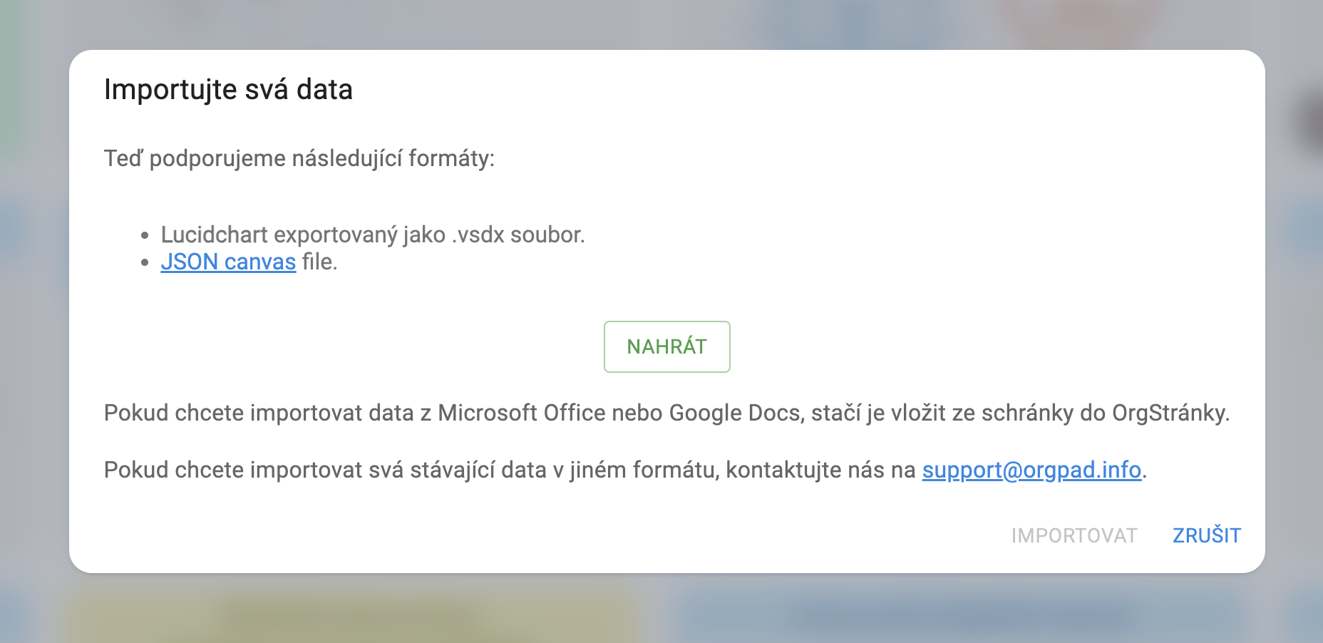 Dialog pro import OrgStránky