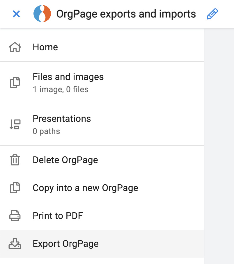 Export OrgPage in the side menu